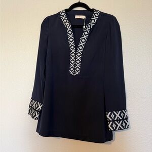 Tory Burch Dark Blue Tunic with Patterned Trim size 4